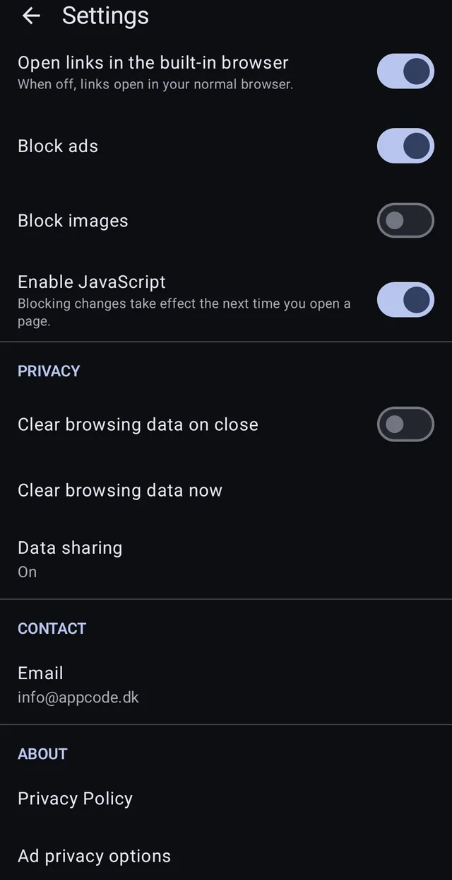 Ryd browserdata ved lukning, ryd nu, og datadeling der kan slås fra.