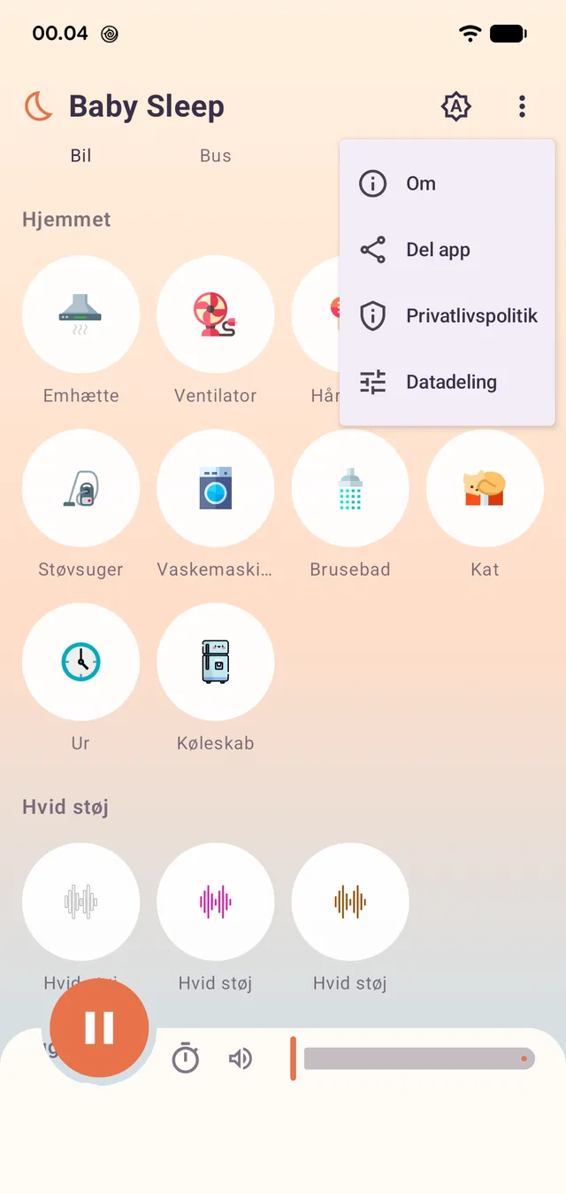 Menuen: om appen, privatlivspolitik og datadeling.