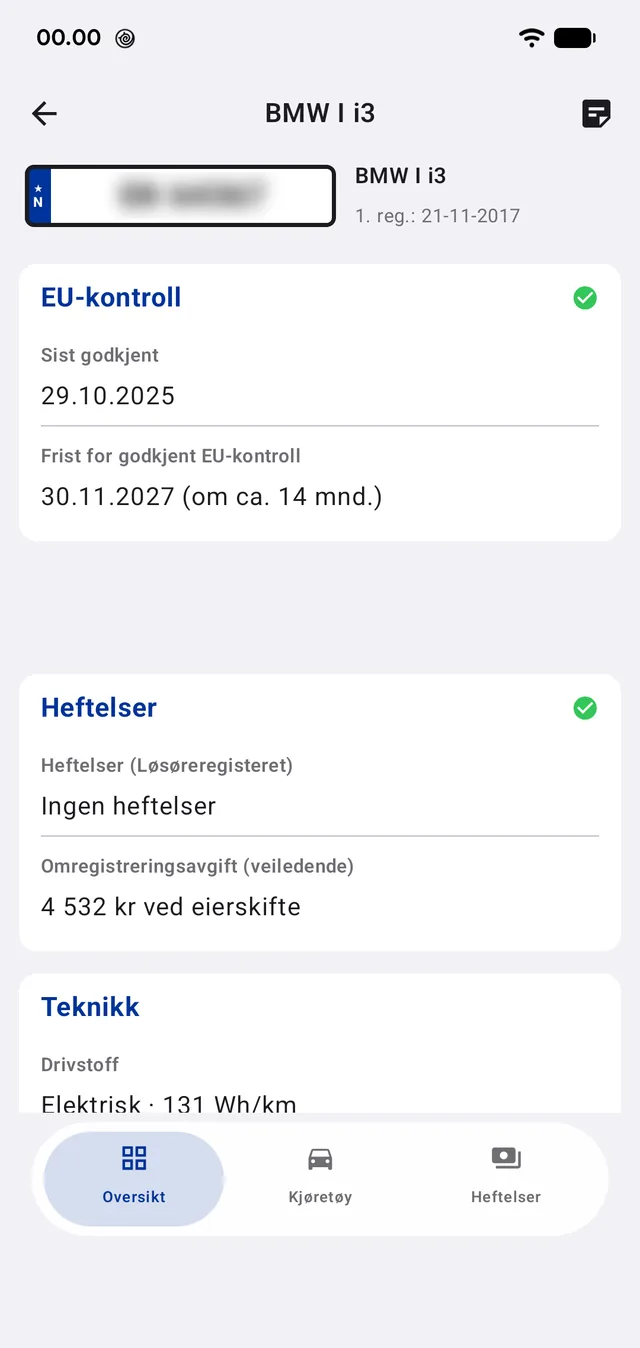 Sist godkjente EU-kontroll, fristen for neste, heftelser og omregistreringsavgiften.