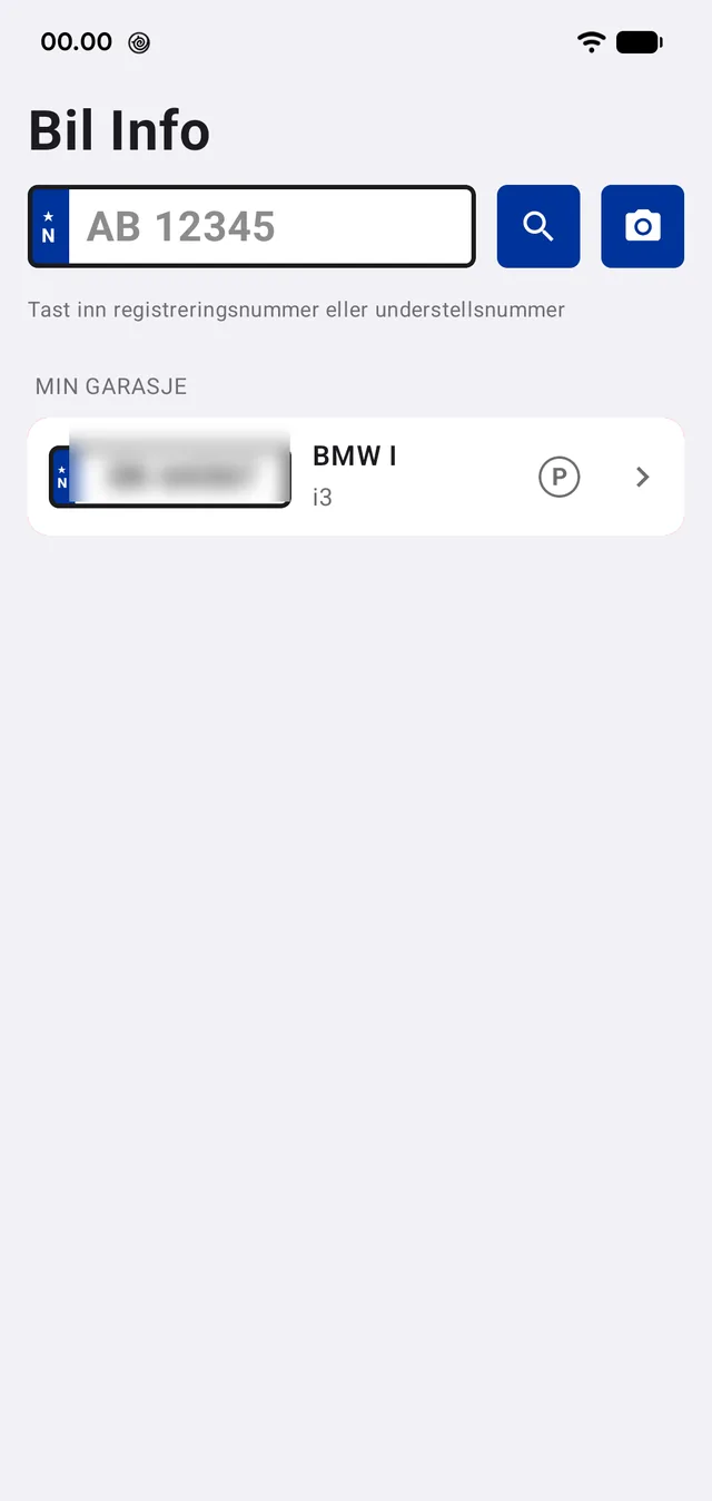 Søkefeltet og garasjen. Skiltene er sladdet her på nettsiden — i appen står de klart.