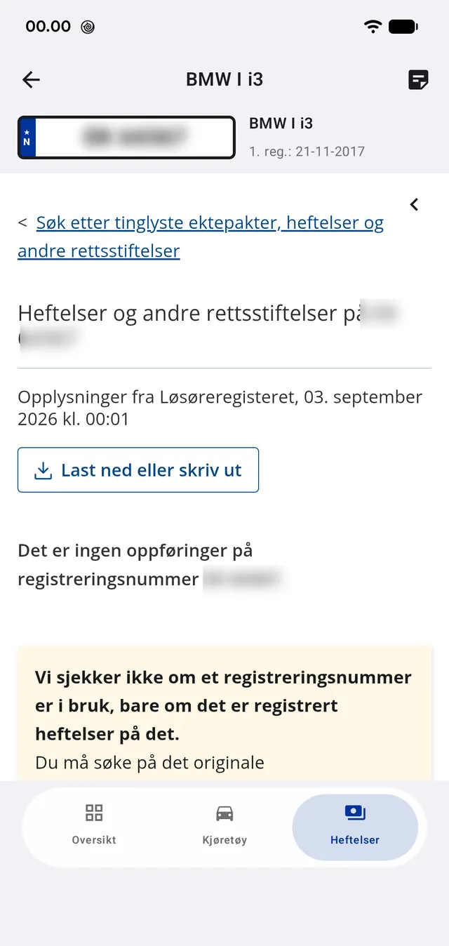 Løsøreregisteret: «Det er ingen oppføringer» — med registerets eget forbehold.
