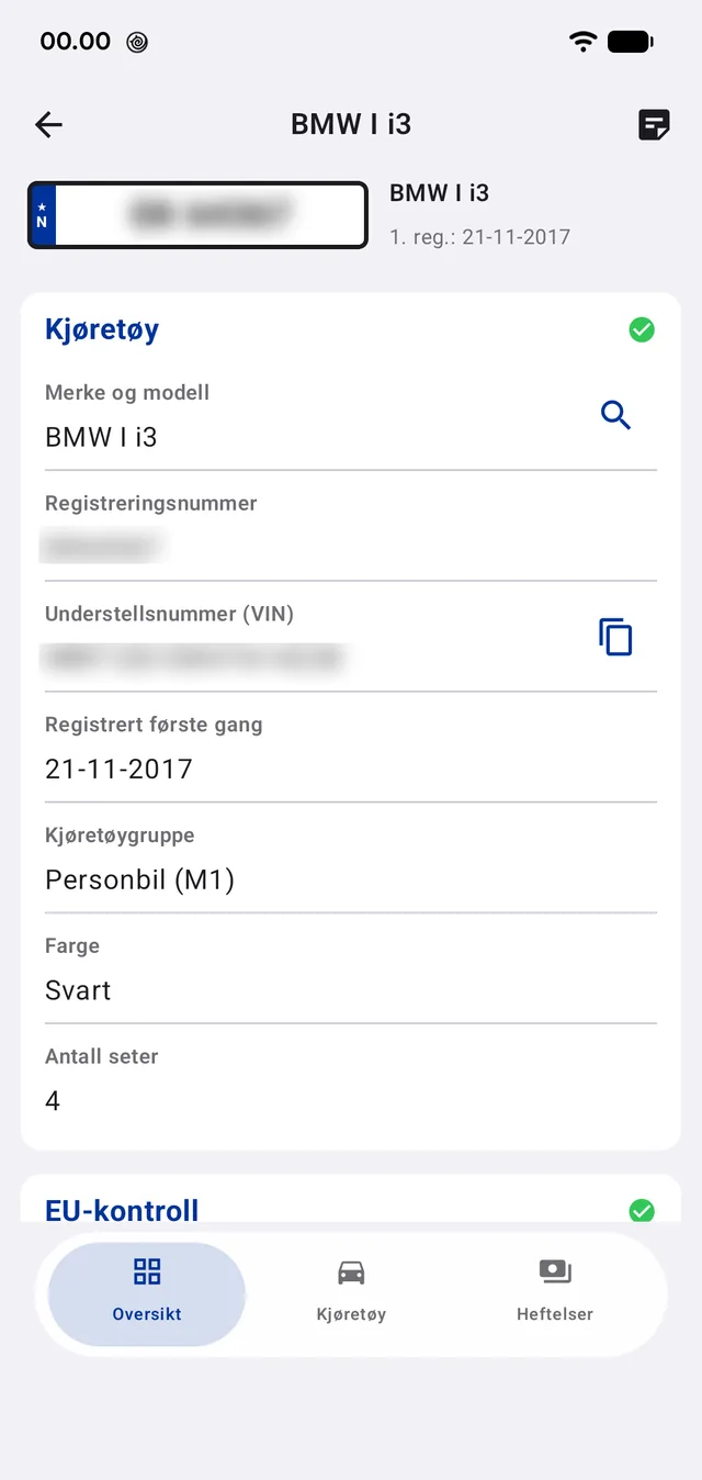Kjøretøydata og statusmerker for registrering, EU-kontroll og heftelser.
