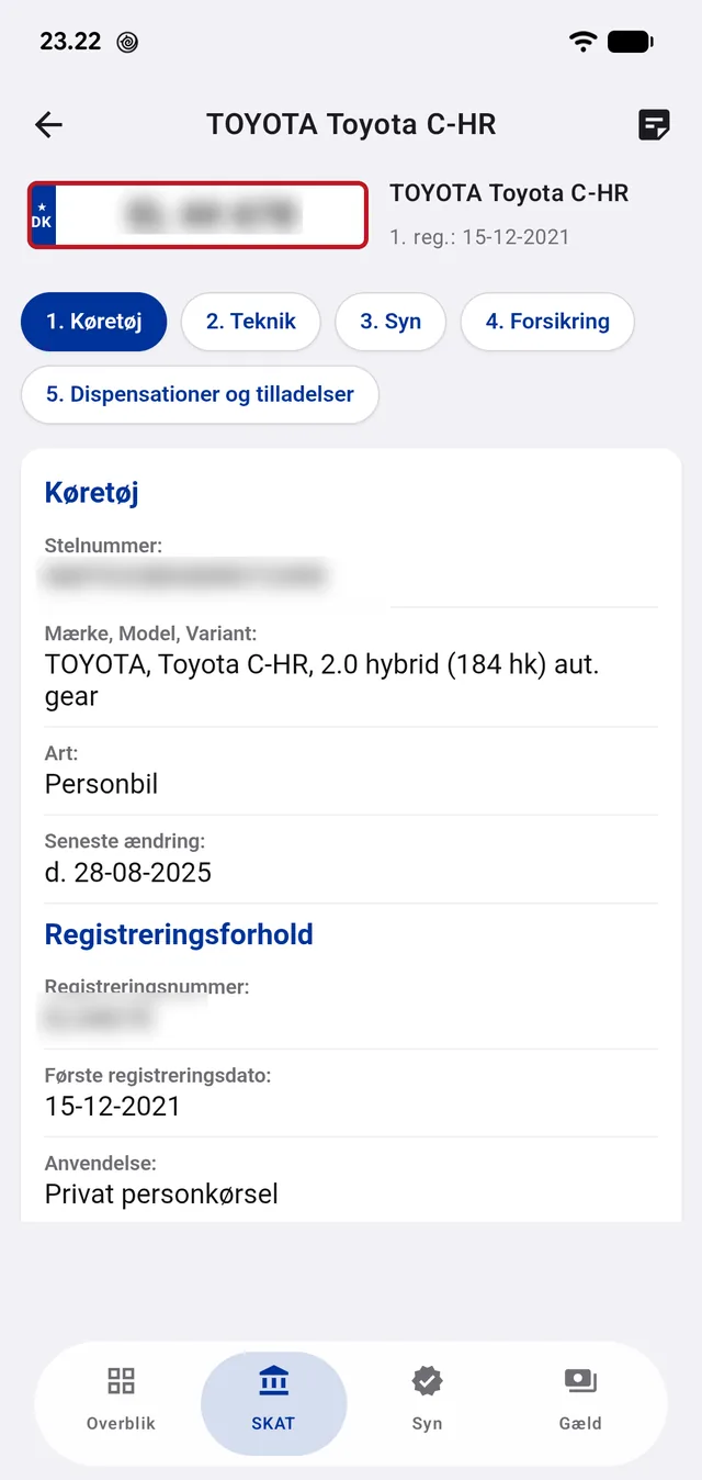 Motorregistret hos Skattestyrelsen, med appens egen udfyldning og siden ryddet for menuer.