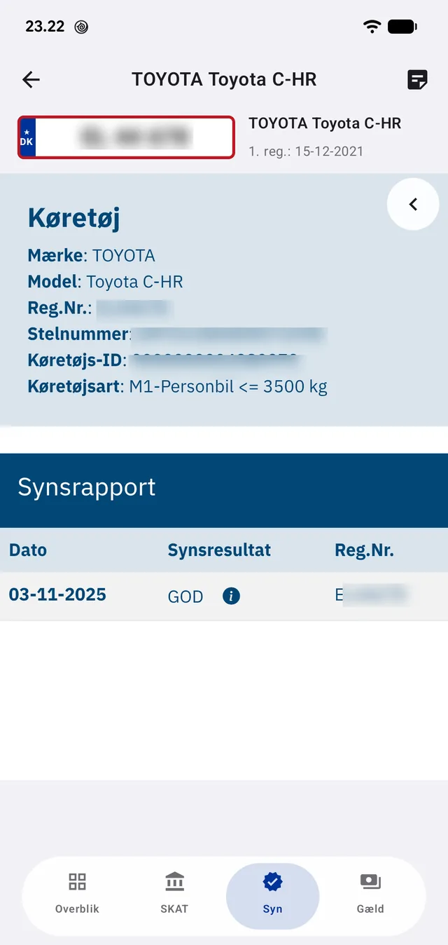Færdselsstyrelsens synsrapport med hele synshistorikken.