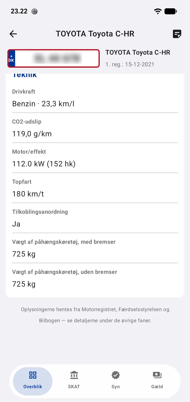 Drivkraft, forbrug, CO₂, effekt og tilladt påhængsvægt — og kildeangivelsen nederst.