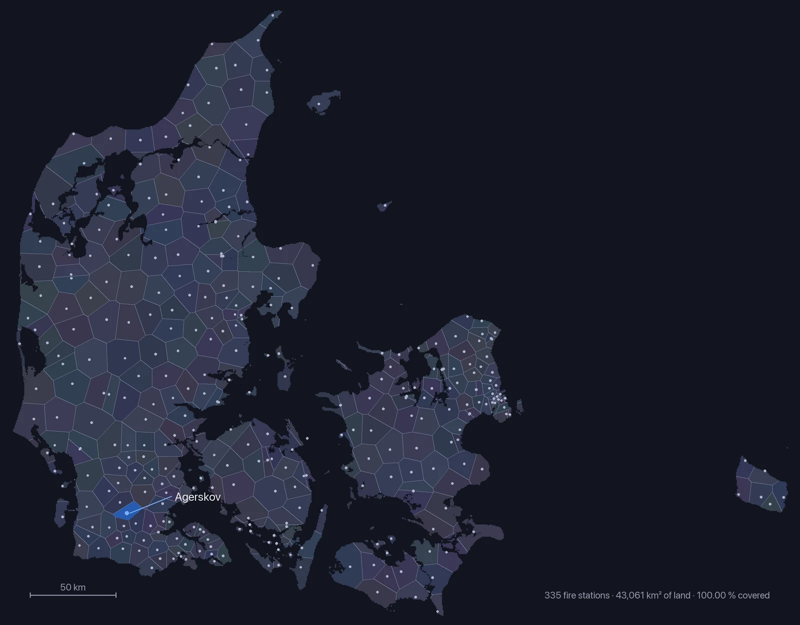 Denmark divided by nearest fire station. Each face is one coverage area; the coast is the 500 m land grid, not a drawn coastline. Agerskov is marked.