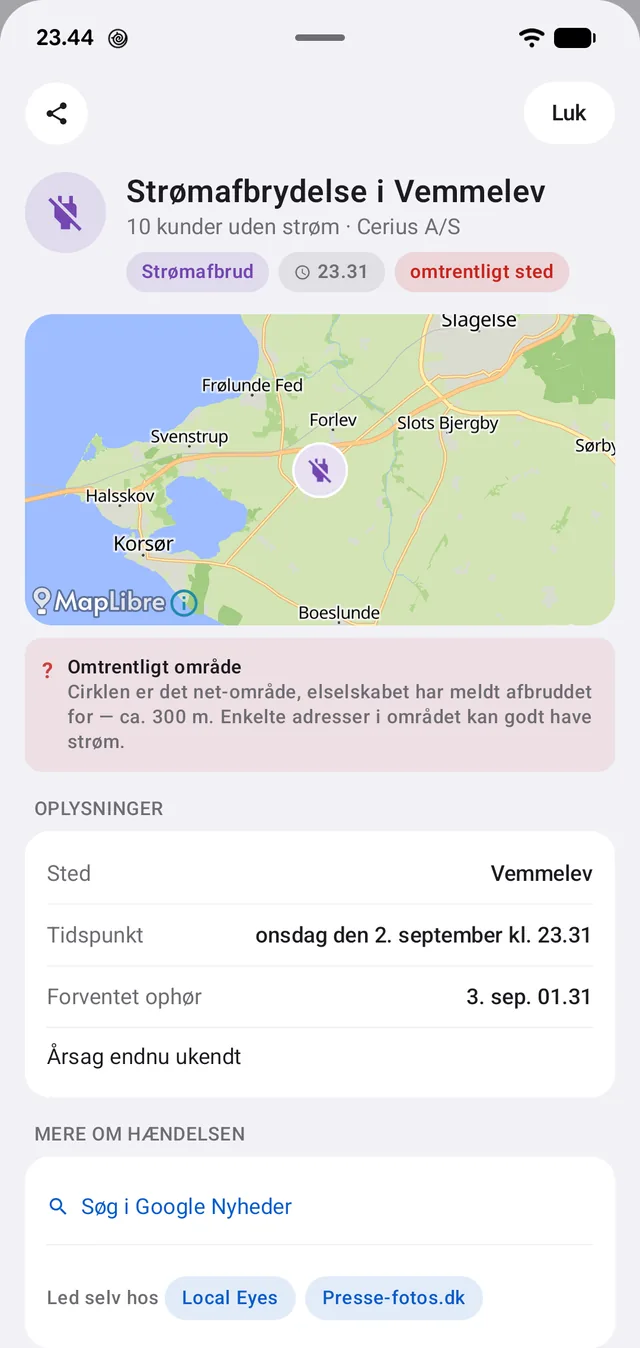 «Omtrentligt område»: cirklen er elselskabets net-område på ca. 300 m, ikke en adresse.