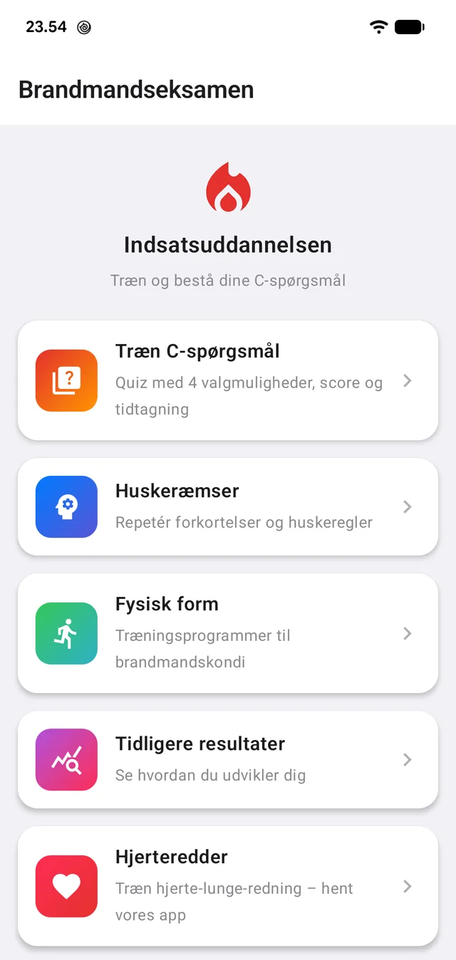 Forsiden: quiz, huskeræmser, fysisk form og tidligere resultater.