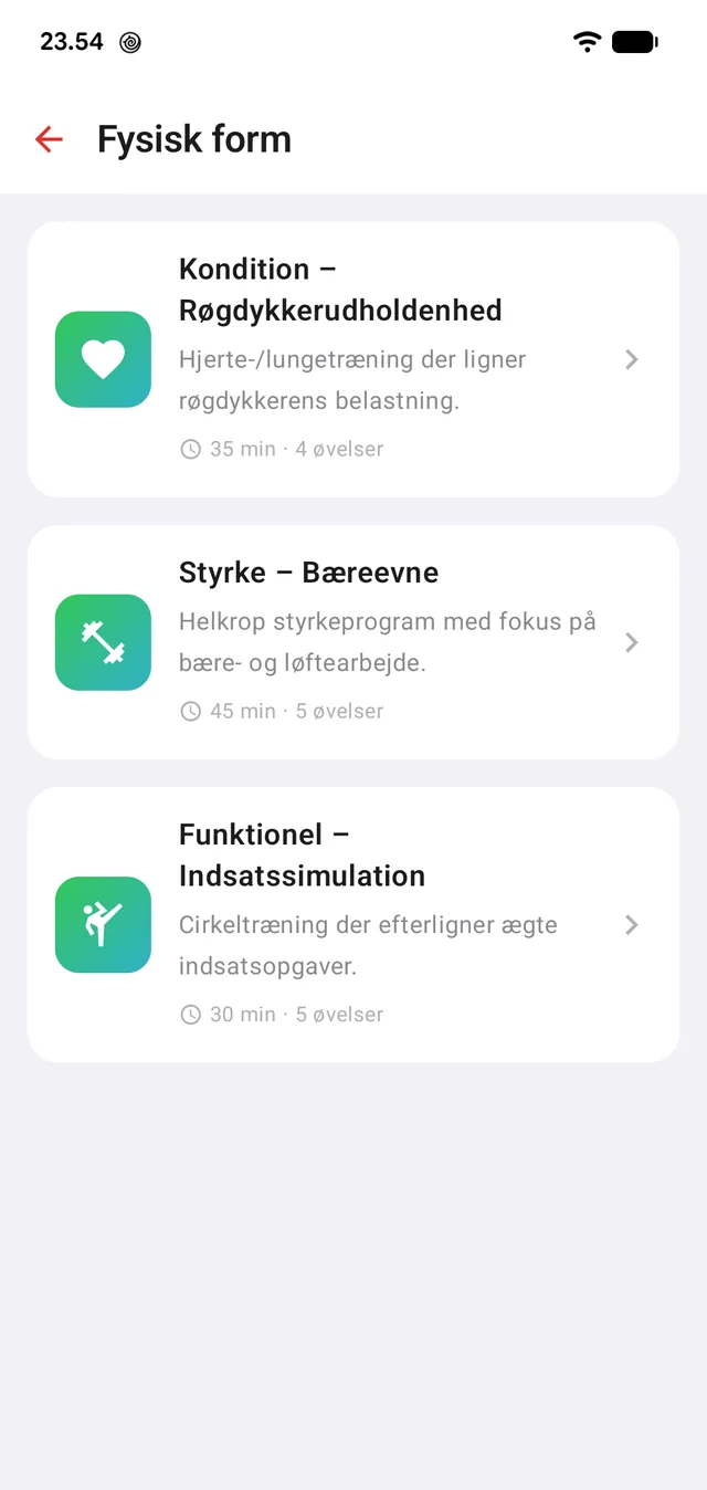 Tre programmer: kondition, styrke og funktionel indsatssimulation.