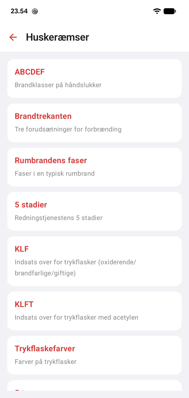 Forkortelserne og huskereglerne samlet i én liste.