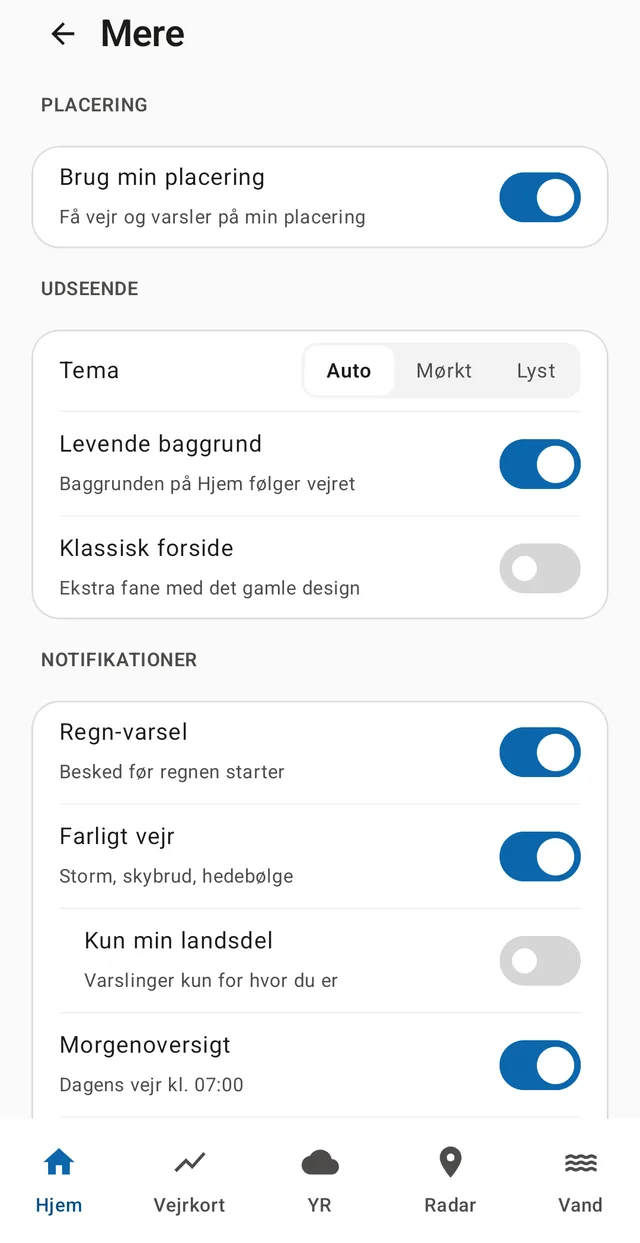 Tema, levende baggrund og de tre første notifikationskontakter.