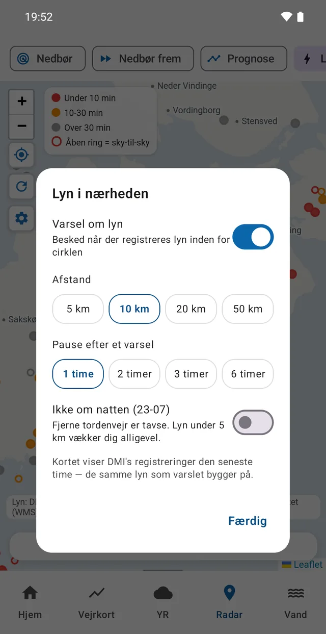 Afstand, pause og nattestilhed. Tandhjulet på kortet åbner de samme indstillinger.