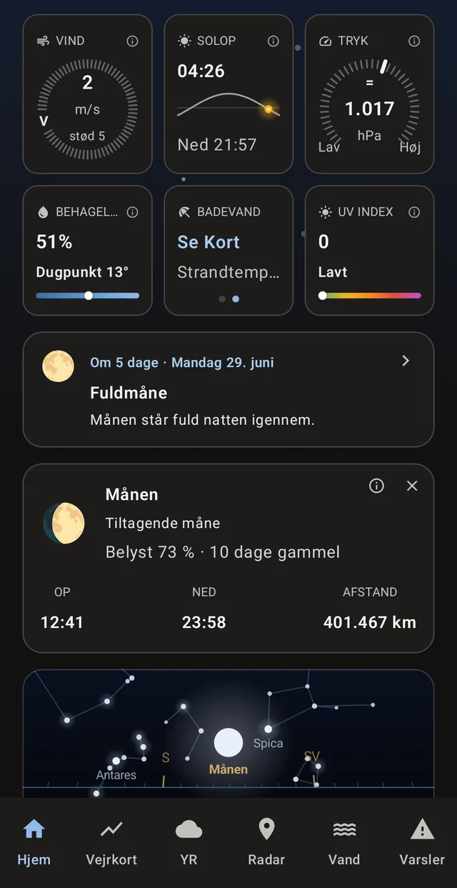 Samme forside i mørkt tema: nøgletal, fuldmånen om fem dage og stjernekortet.