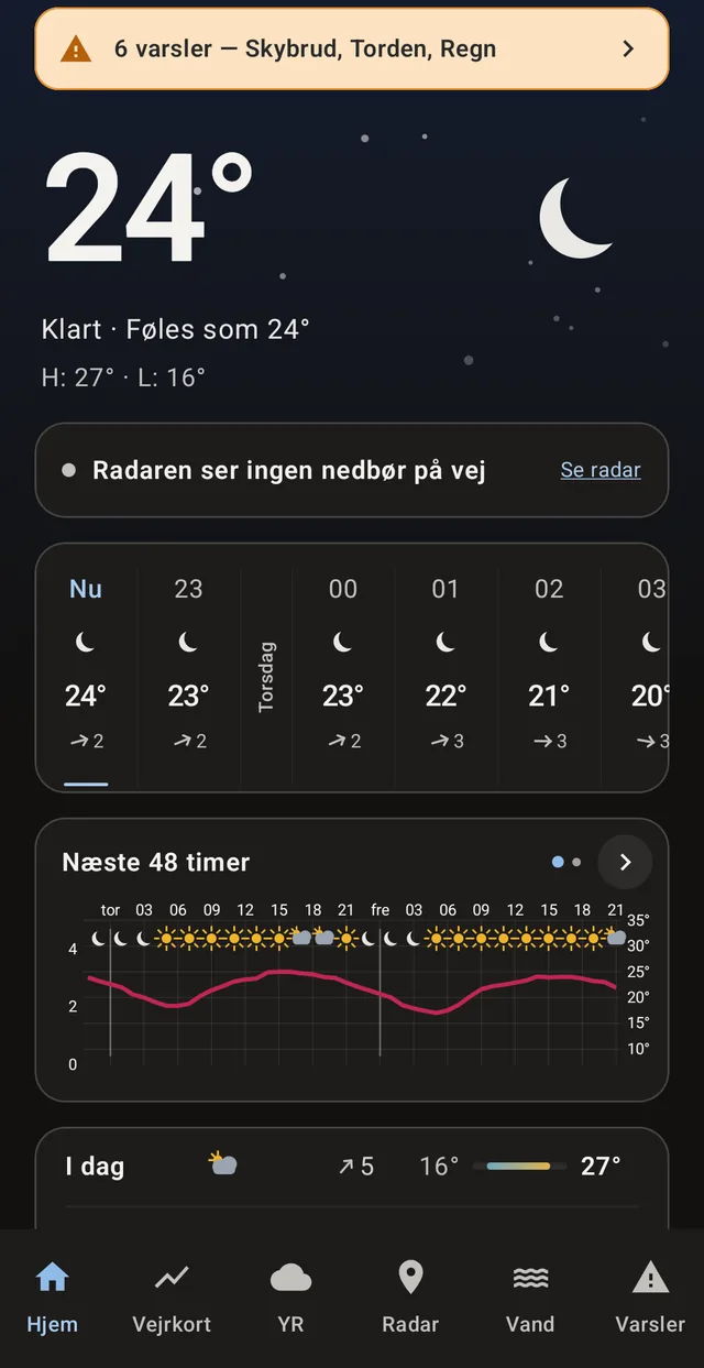 Mørkt tema. Baggrunden følger vejret og tidspunktet på døgnet.