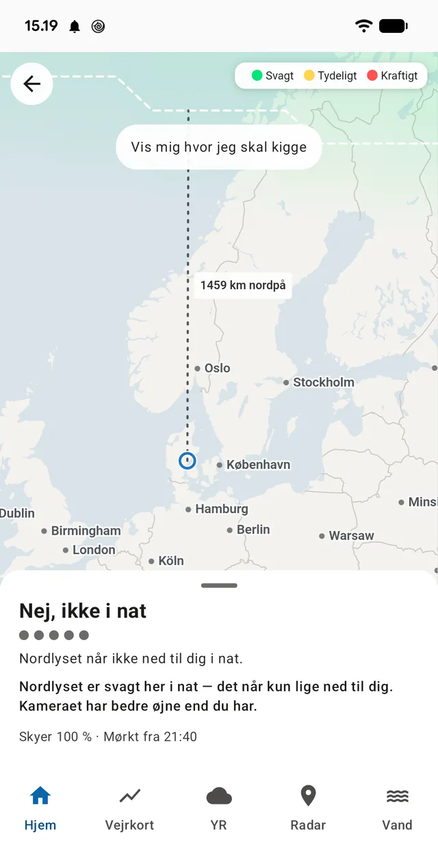 Grænselinjen med afstanden nordpå, og svaret i klartekst: «Nej, ikke i nat» — med grunden under.