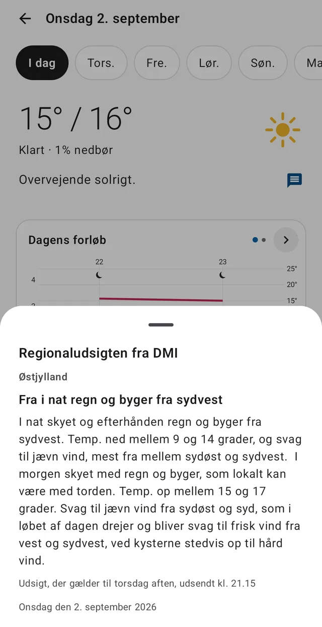Regionaludsigten for Østjylland, skrevet af en meteorolog og hentet direkte fra DMI.