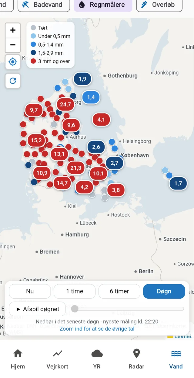 DMI's regnmålere efter et døgn med regn — op til 24,7 mm i Vestjylland.
