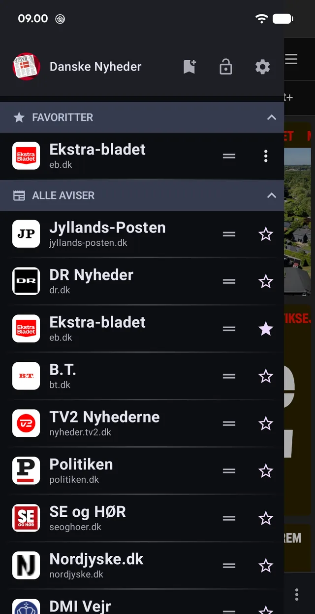 Avislisten. Stjernen flytter en avis op i favoritterne.
