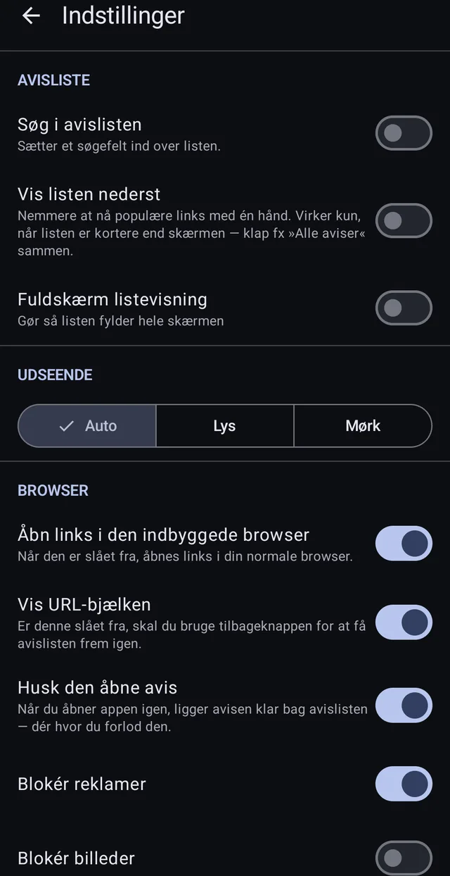 Avislisten, udseendet og browserens egne knapper — alt kan sættes.