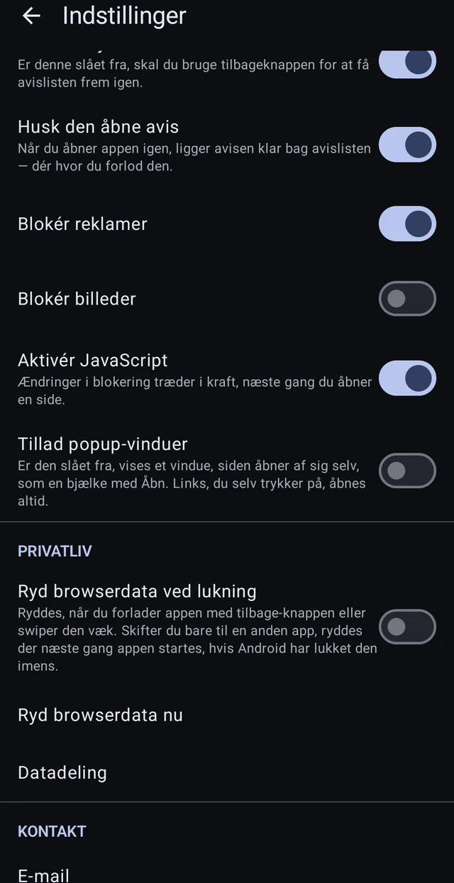 Ryd browserdata ved lukning, ryd nu, og datadeling der kan slås fra.