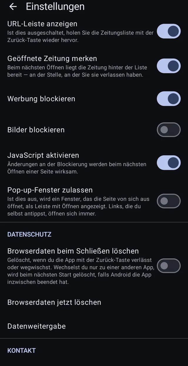 Ryd browserdata ved lukning, ryd nu, og datadeling der kan slås fra.