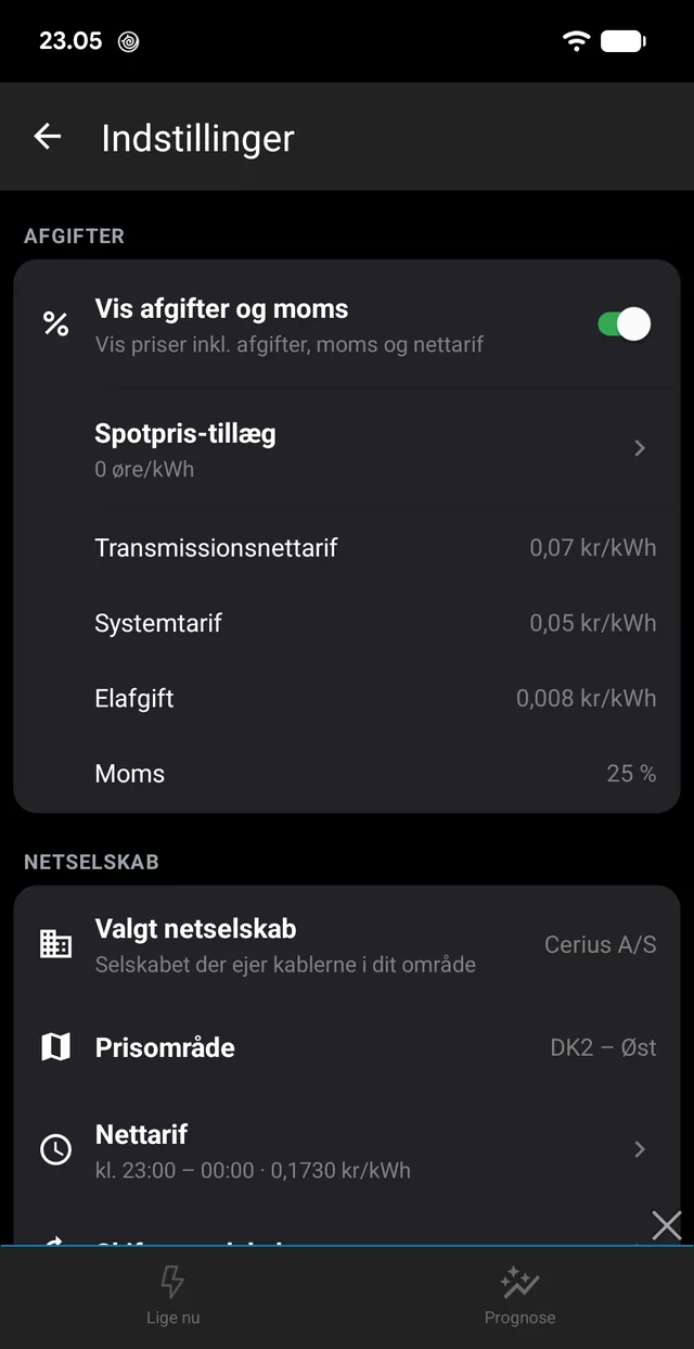 Alle satser står åbent og kan rettes: afgifter, moms, tillæg og netselskab.