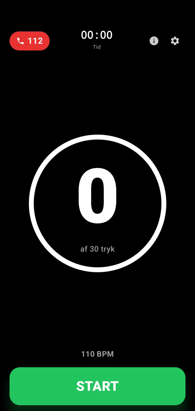 Klar til start. 112-knappen sidder fast i hjørnet.