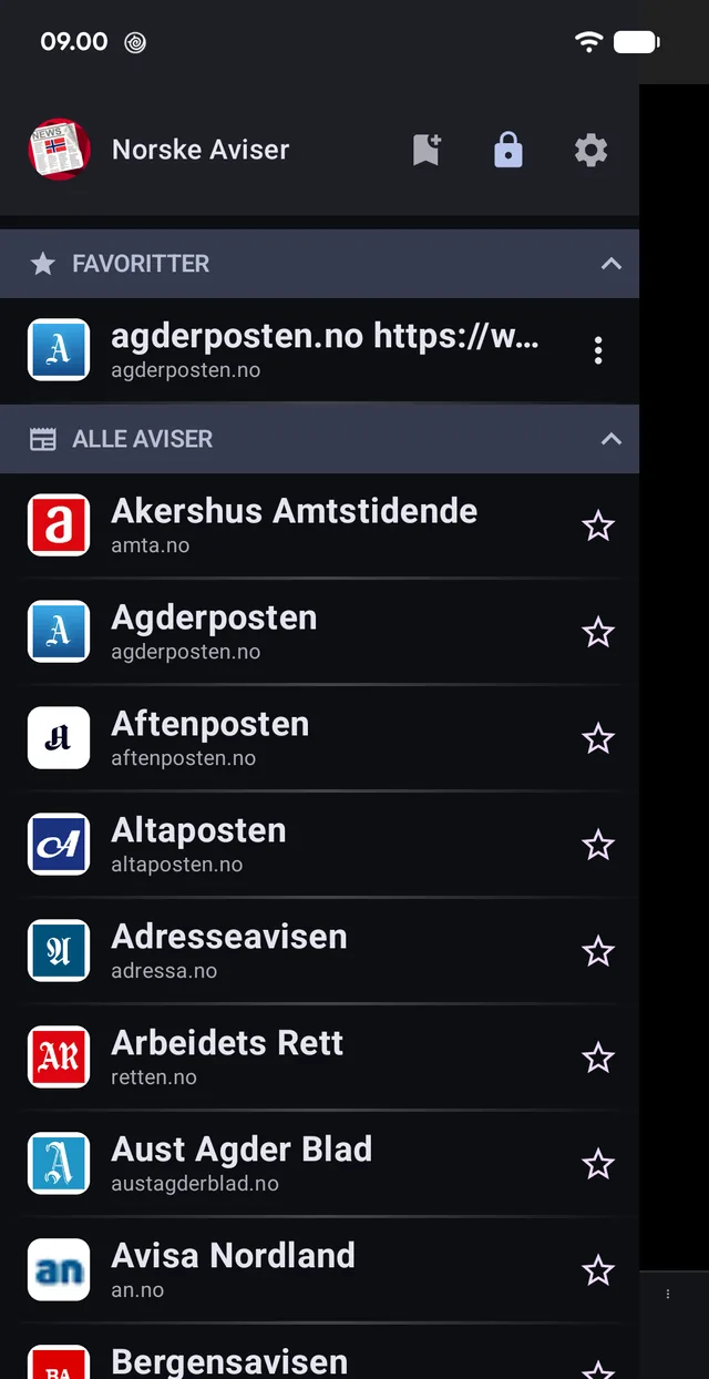 Avislisten. Stjernen flytter en avis op i favoritterne.