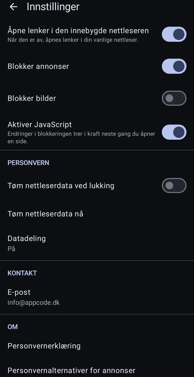 Ryd browserdata ved lukning, ryd nu, og datadeling der kan slås fra.