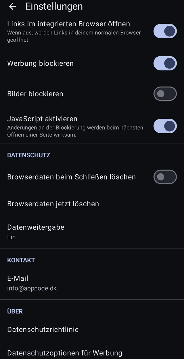 Ryd browserdata ved lukning, ryd nu, og datadeling der kan slås fra.