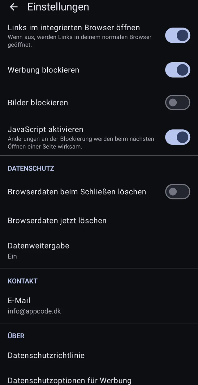 Ryd browserdata ved lukning, ryd nu, og datadeling der kan slås fra.