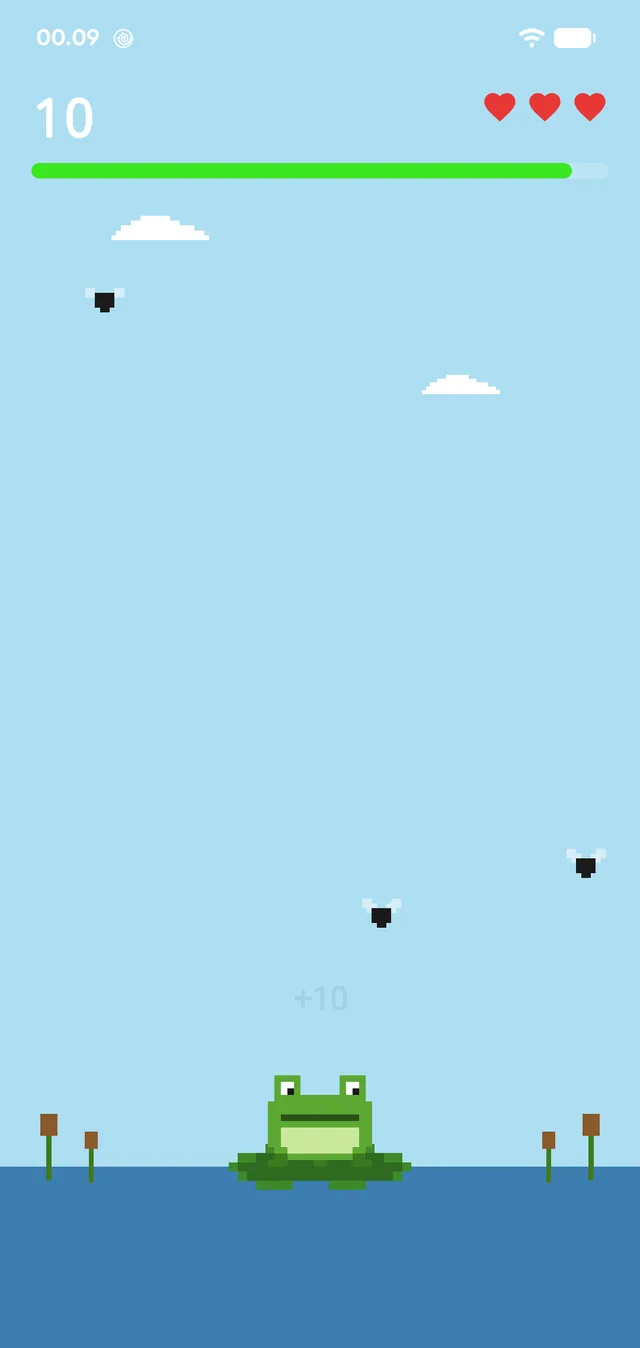 Score top left, three lives to the right, the tempo bar below.