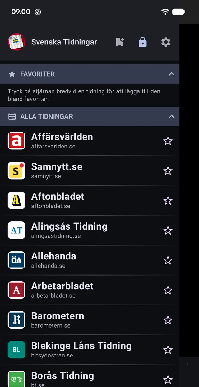 Avislisten. Stjernen flytter en avis op i favoritterne.
