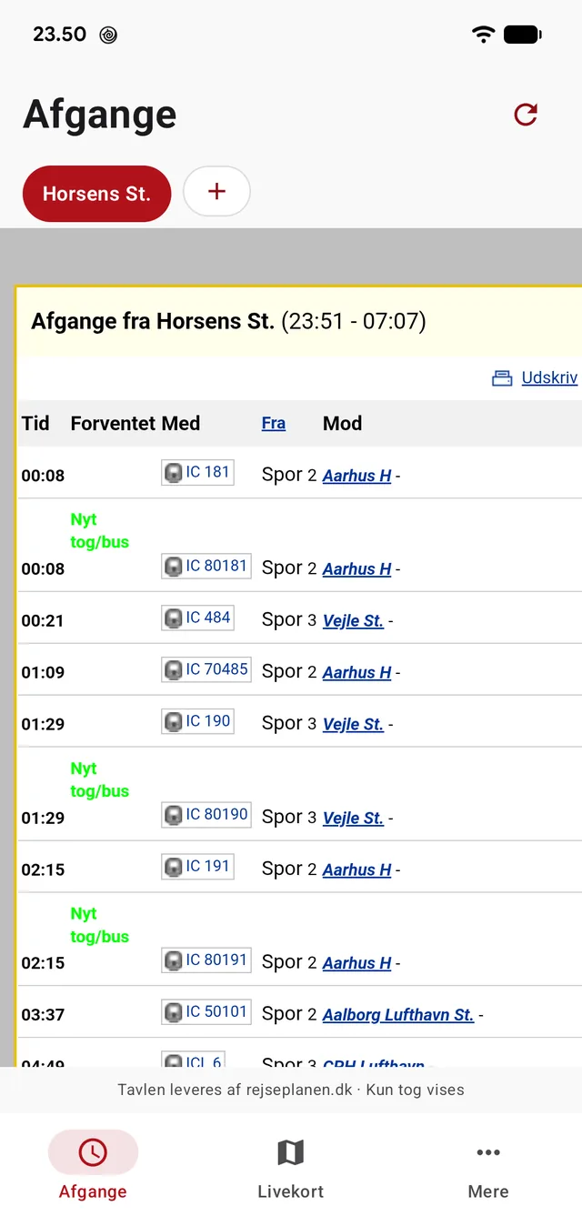 Afgangstavlen for en station med forventet tid, togtype, spor og endestation.