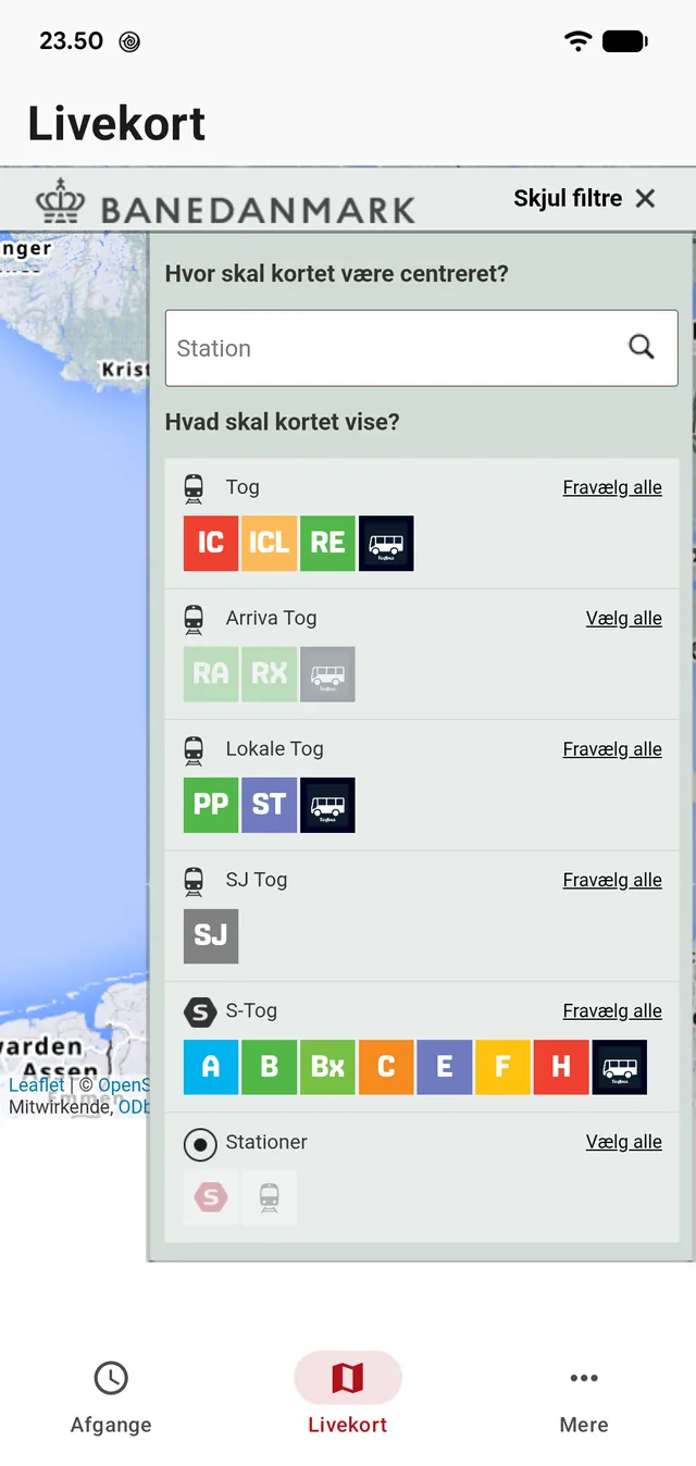 Filtrene: vælg selskab og togtype, og centrér kortet på en station.