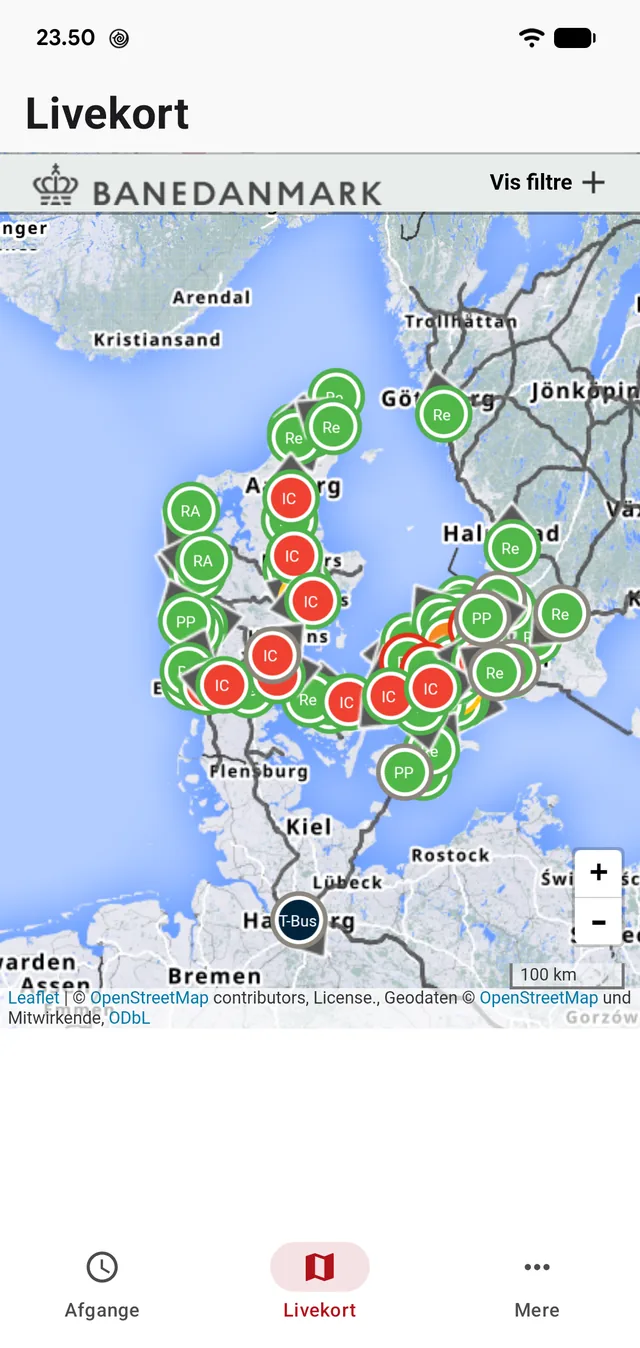 Banedanmarks livekort med togene som prikker, mærket efter linje.