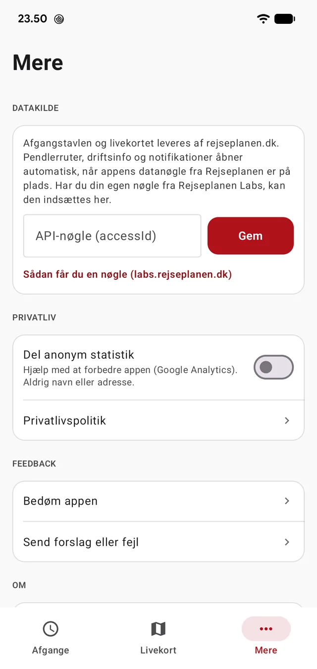 Datakilden forklaret åbent — og feltet til din egen nøgle fra Rejseplanen Labs.