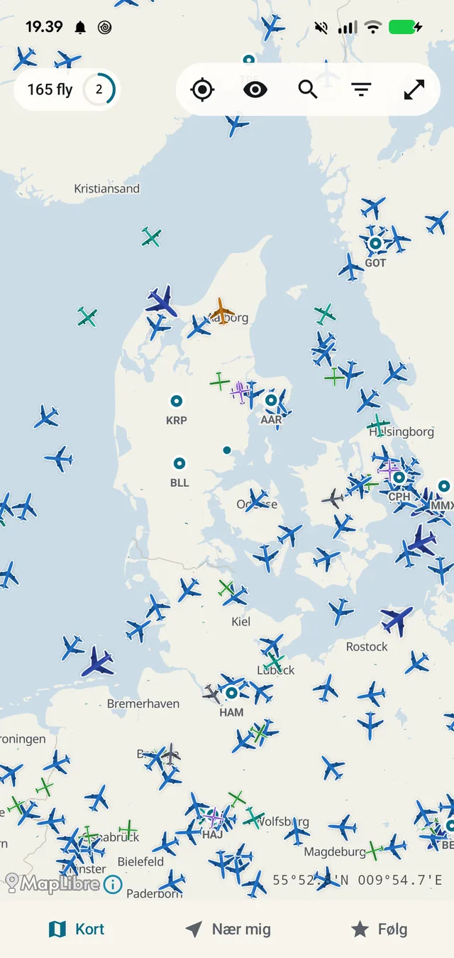 165 fly over Danmark og Nordtyskland. Lufthavnene står med deres IATA-kode.